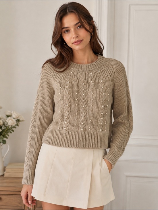 ON 34th Sweaters - Pearl-Accent Cable Knit Crewneck Sweater in oatmeal coquette romantic academia